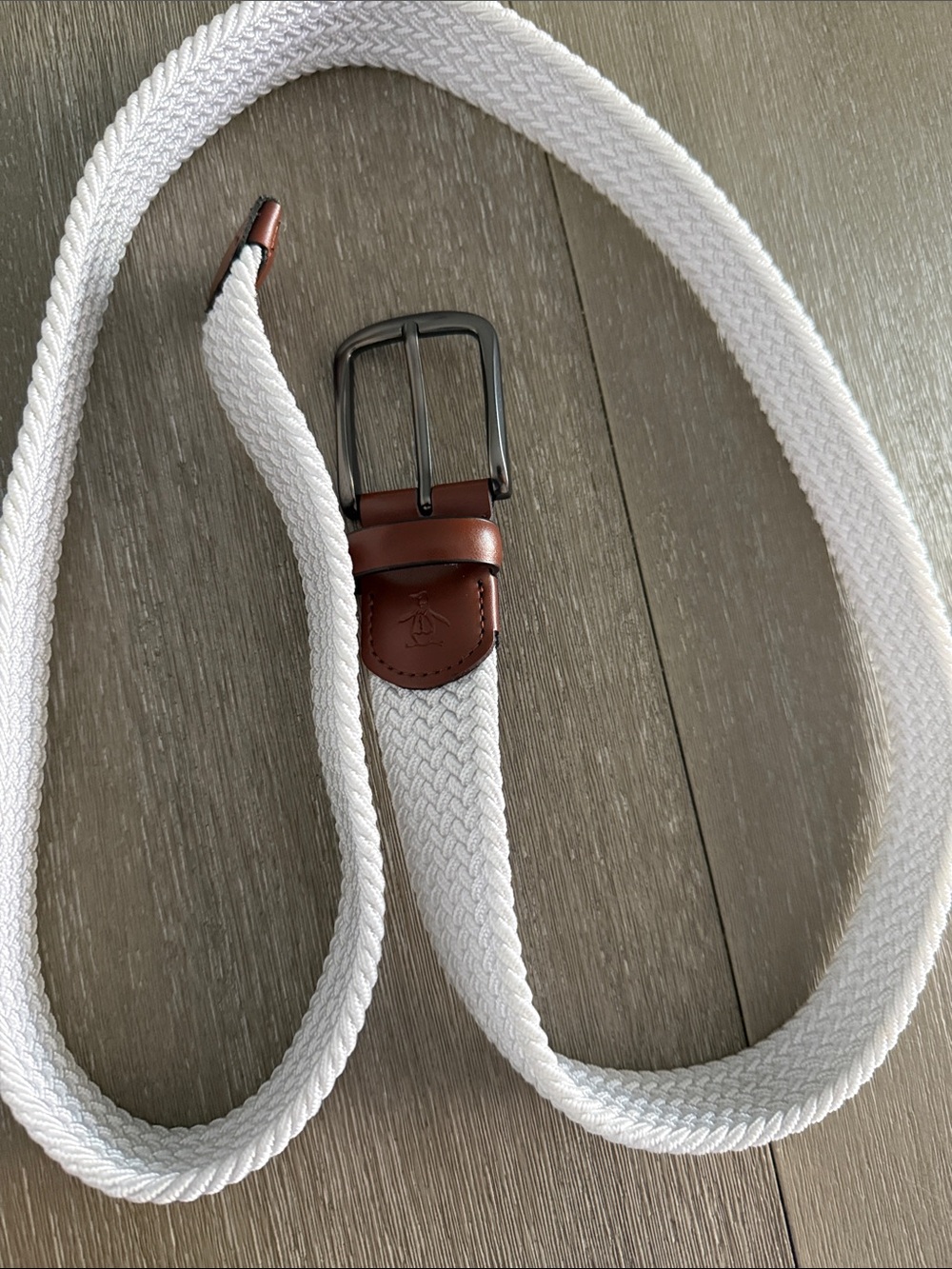 Original Penguin White Woven Stretch Belt with Brown Leather Trim